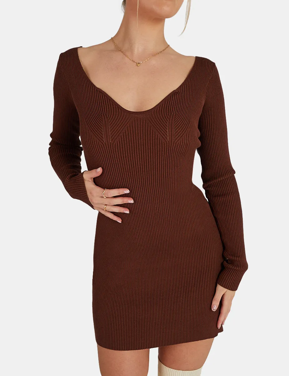 Knitted Off Shoulder Mini Dress Chocolate