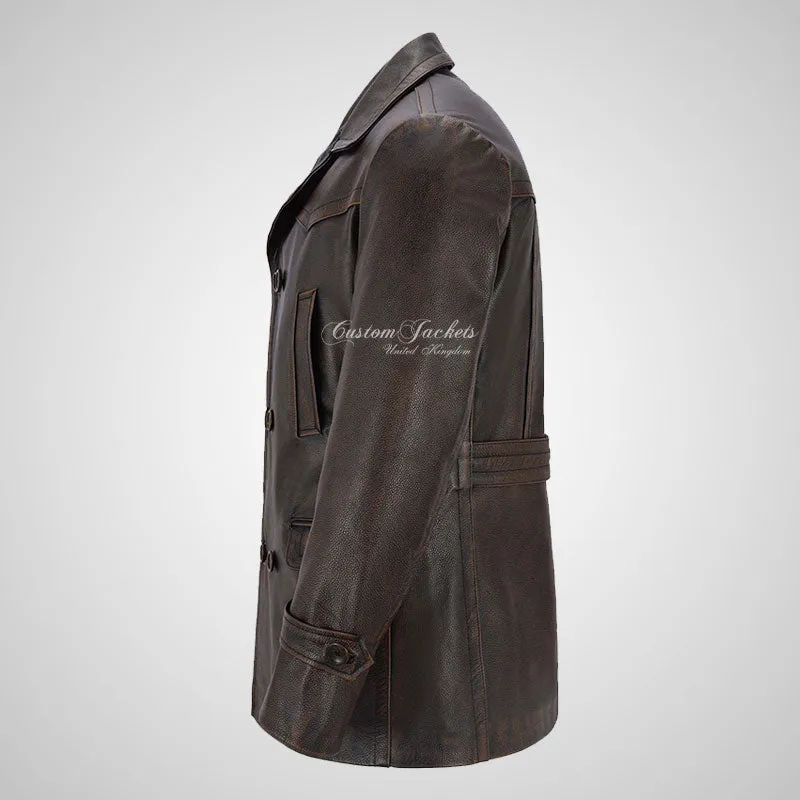 KRIEGSMARINE Mens Vintage Leather Pea Coat Military Leather Jacket