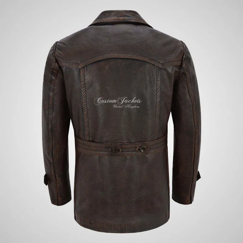 KRIEGSMARINE Mens Vintage Leather Pea Coat Military Leather Jacket
