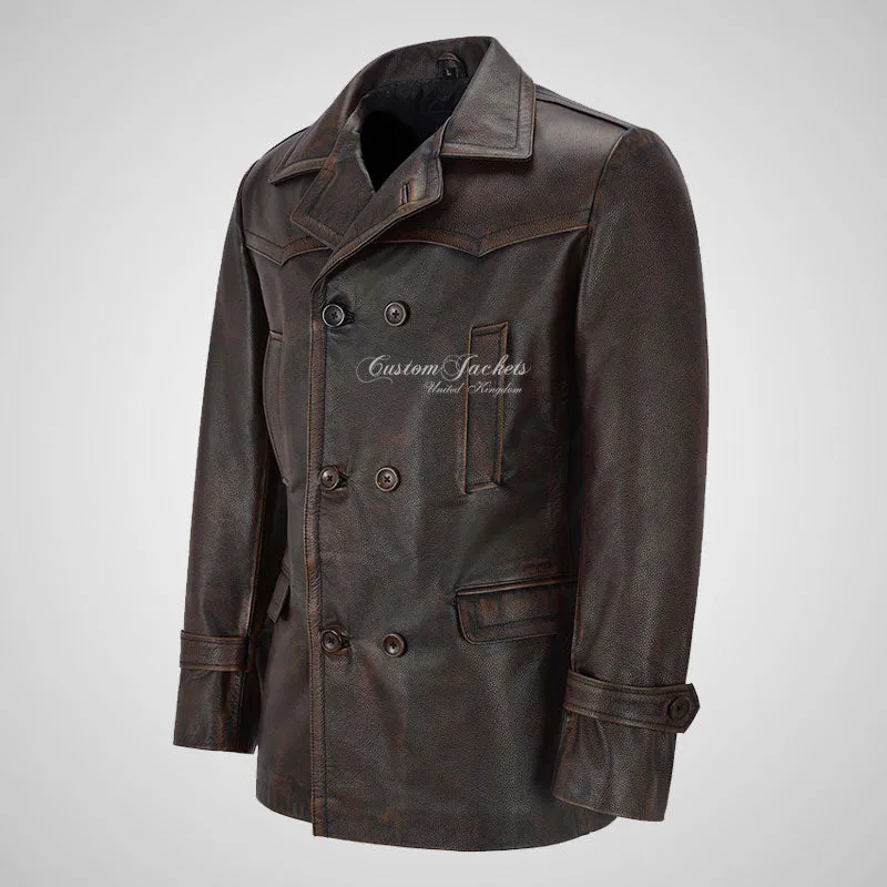 KRIEGSMARINE Mens Vintage Leather Pea Coat Military Leather Jacket