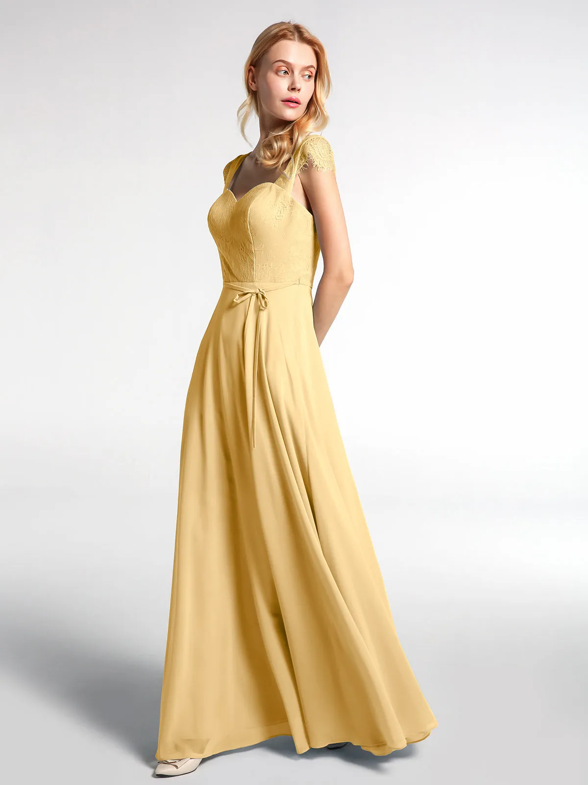 Lace Bodice Chiffon Skirt Dress with Cap Sleeves-Gold