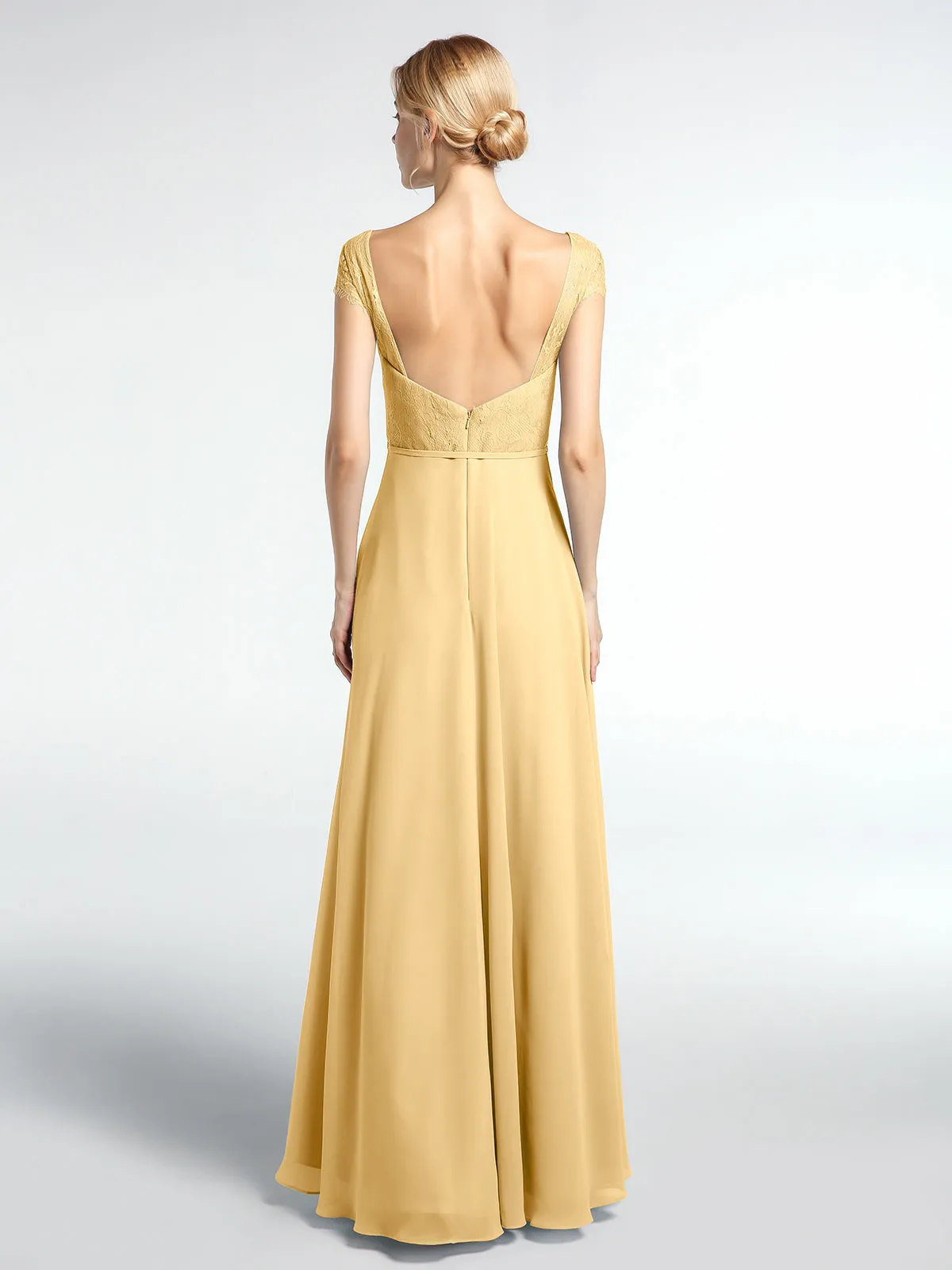 Lace Bodice Chiffon Skirt Dress with Cap Sleeves-Gold