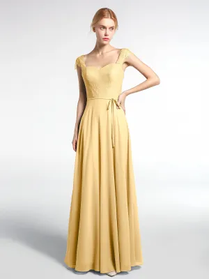Lace Bodice Chiffon Skirt Dress with Cap Sleeves-Gold