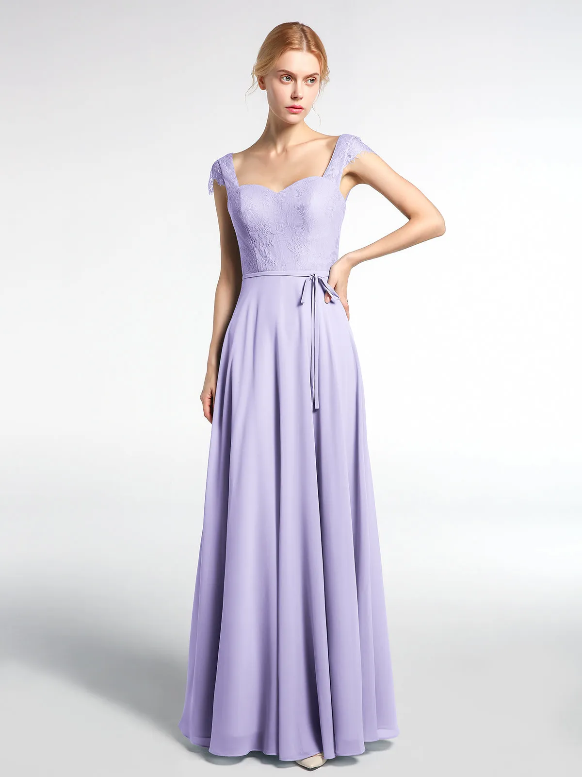 Lace Bodice Chiffon Skirt Dress with Cap Sleeves-Lilac Plus Size