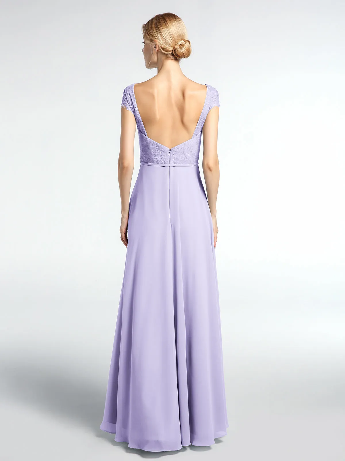 Lace Bodice Chiffon Skirt Dress with Cap Sleeves-Lilac Plus Size