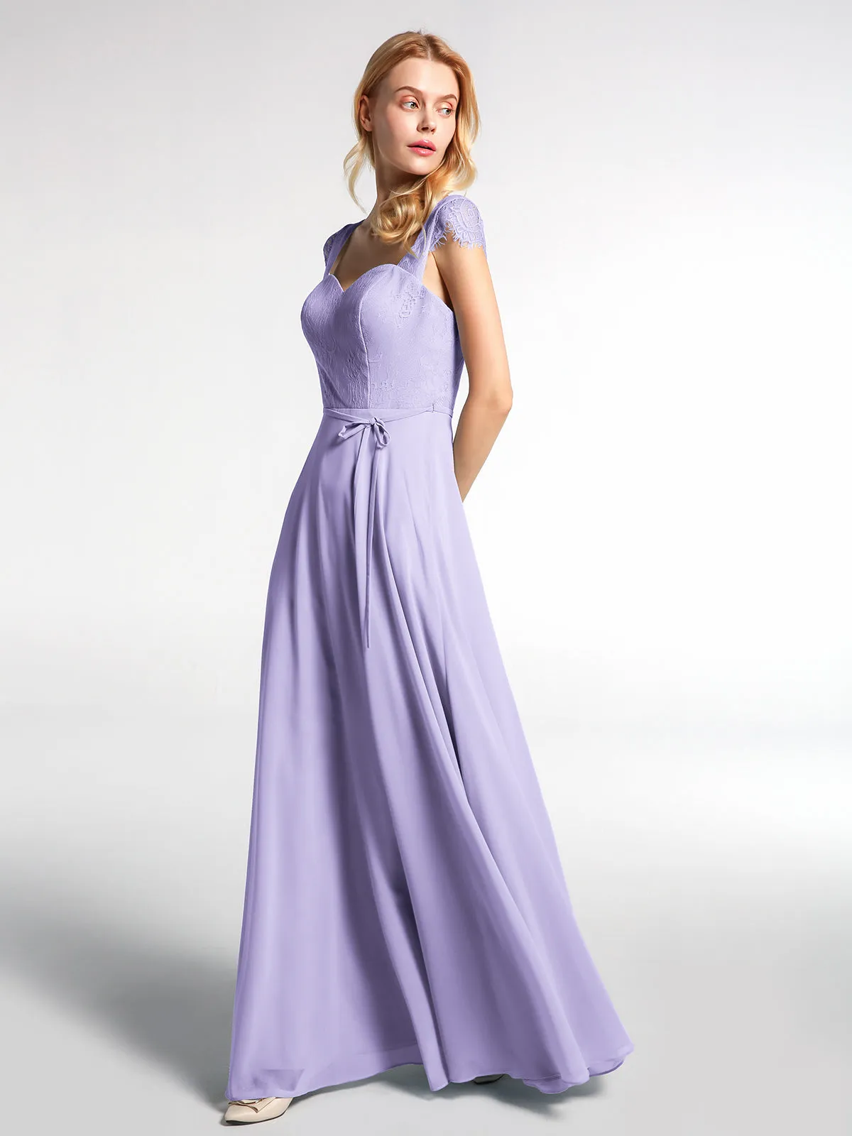 Lace Bodice Chiffon Skirt Dress with Cap Sleeves-Lilac Plus Size