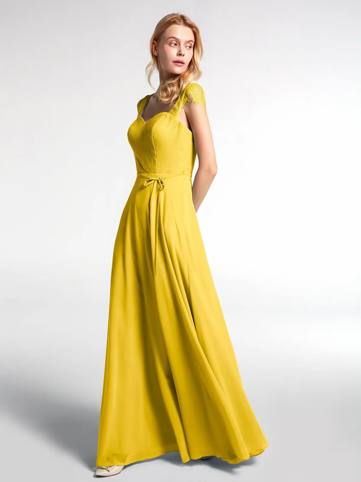 Lace Bodice Chiffon Skirt Dress with Cap Sleeves-Marigold