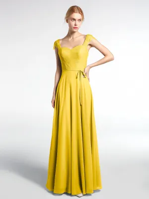 Lace Bodice Chiffon Skirt Dress with Cap Sleeves-Marigold