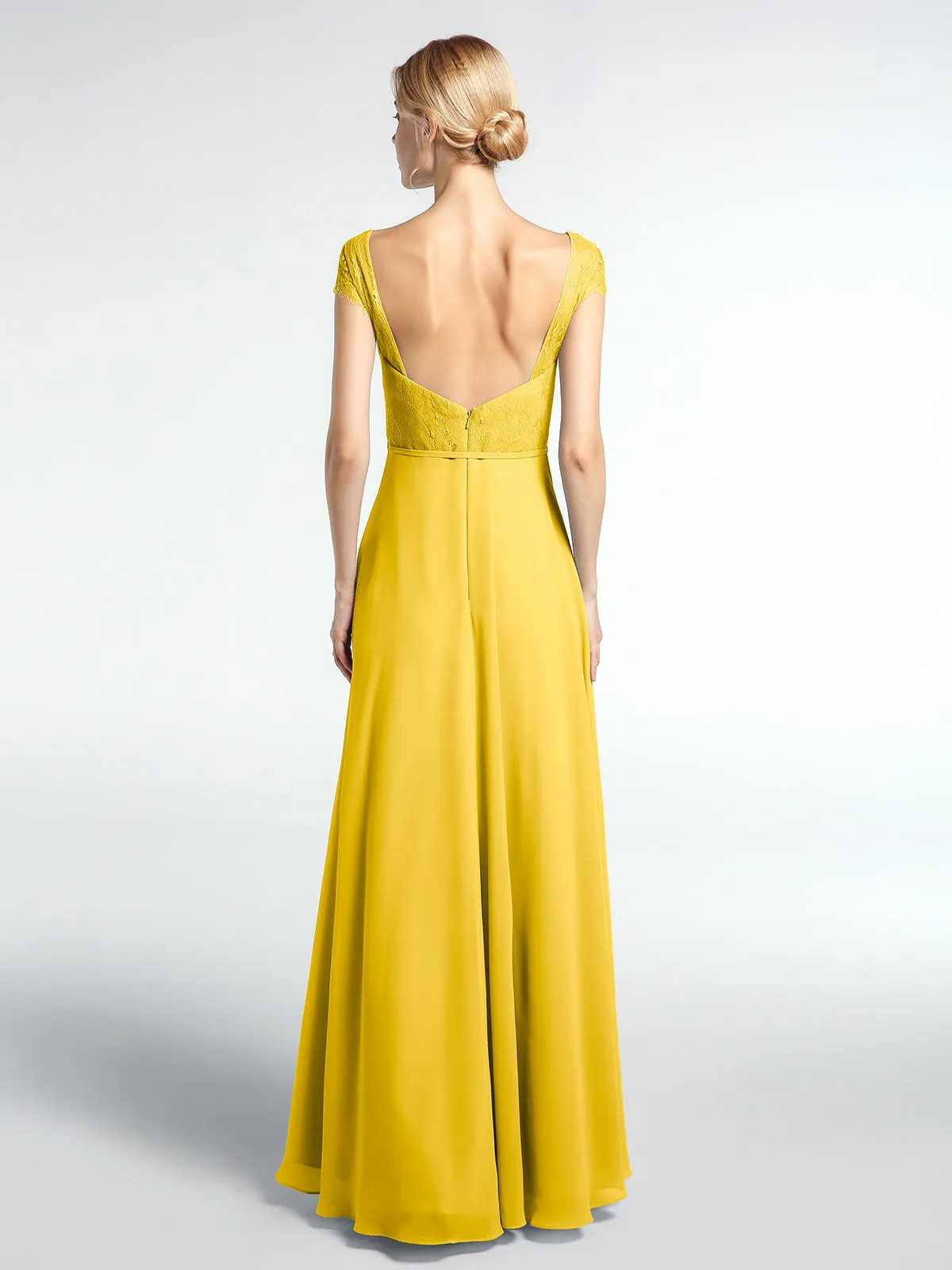 Lace Bodice Chiffon Skirt Dress with Cap Sleeves-Marigold