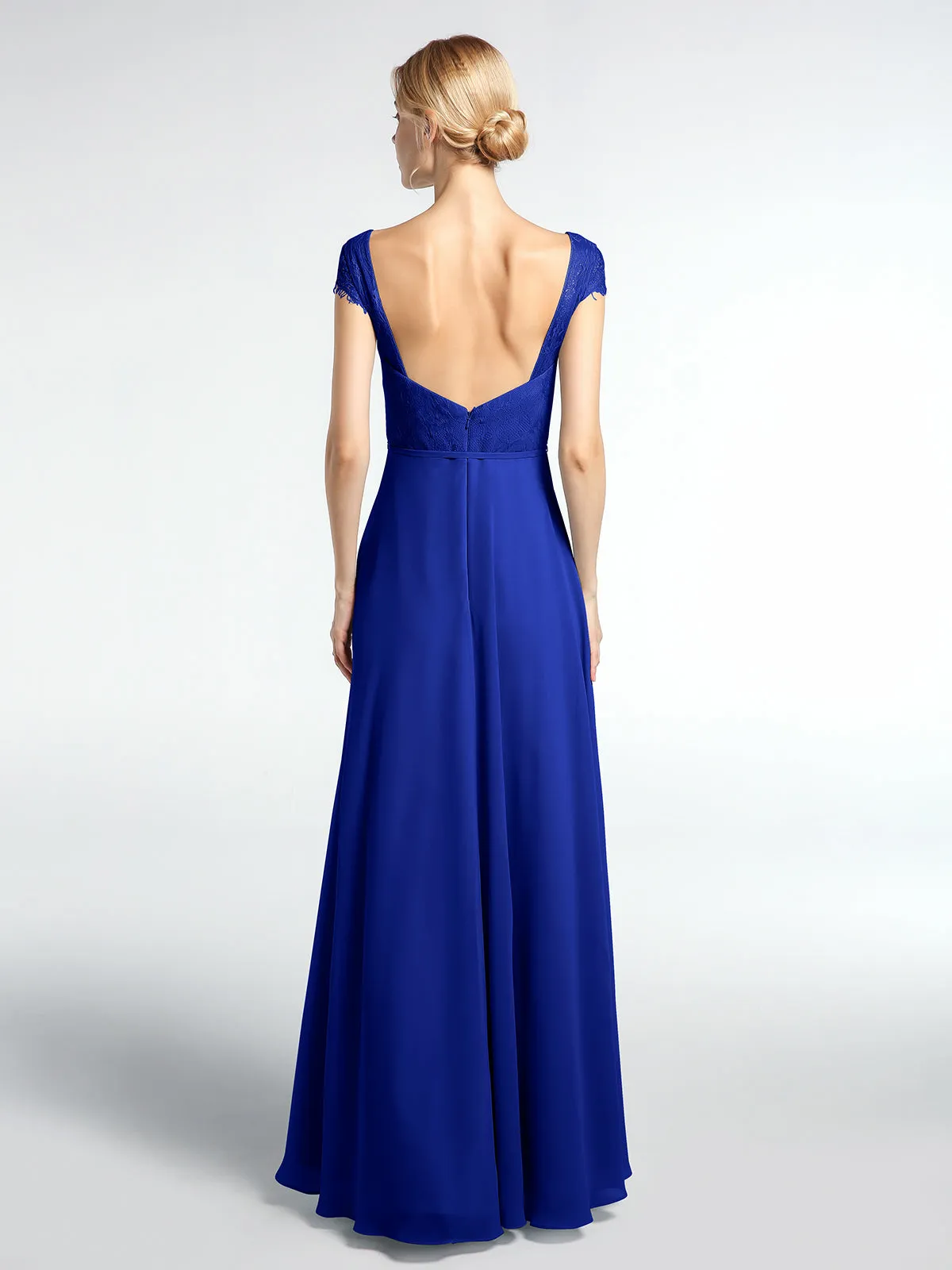 Lace Bodice Chiffon Skirt Dress with Cap Sleeves-Royal Blue