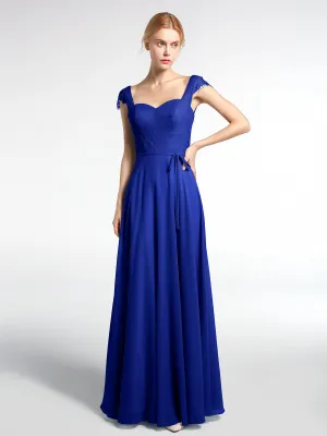Lace Bodice Chiffon Skirt Dress with Cap Sleeves-Royal Blue