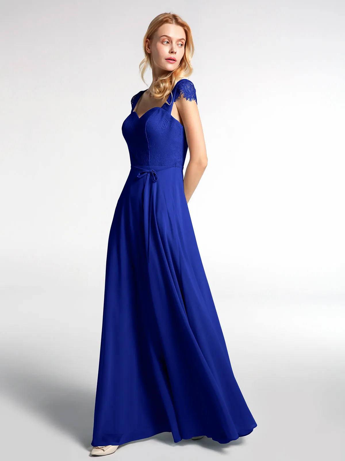 Lace Bodice Chiffon Skirt Dress with Cap Sleeves-Royal Blue