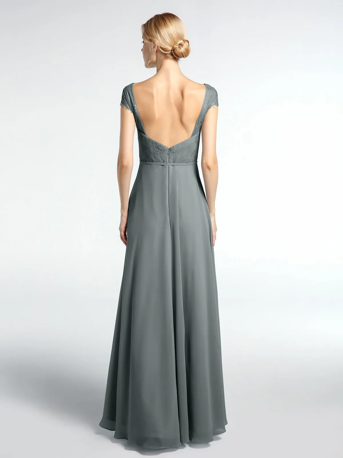 Lace Bodice Chiffon Skirt Dress with Cap Sleeves-Steel Grey Plus Size