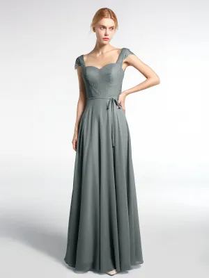 Lace Bodice Chiffon Skirt Dress with Cap Sleeves-Steel Grey Plus Size