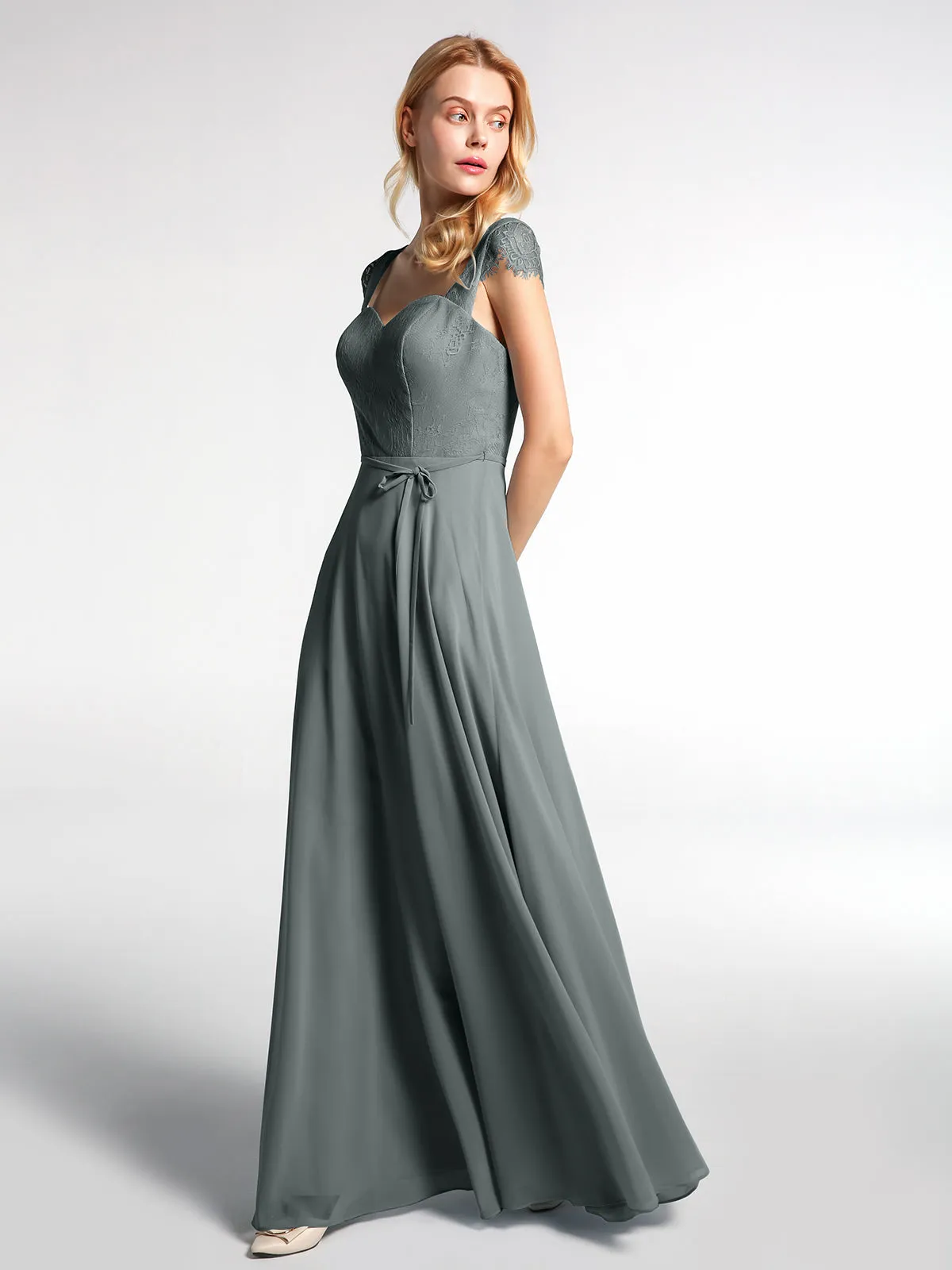 Lace Bodice Chiffon Skirt Dress with Cap Sleeves-Steel Grey Plus Size
