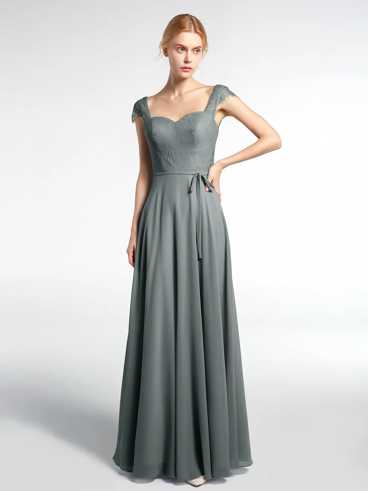 Lace Bodice Chiffon Skirt Dress with Cap Sleeves-Steel Grey Plus Size