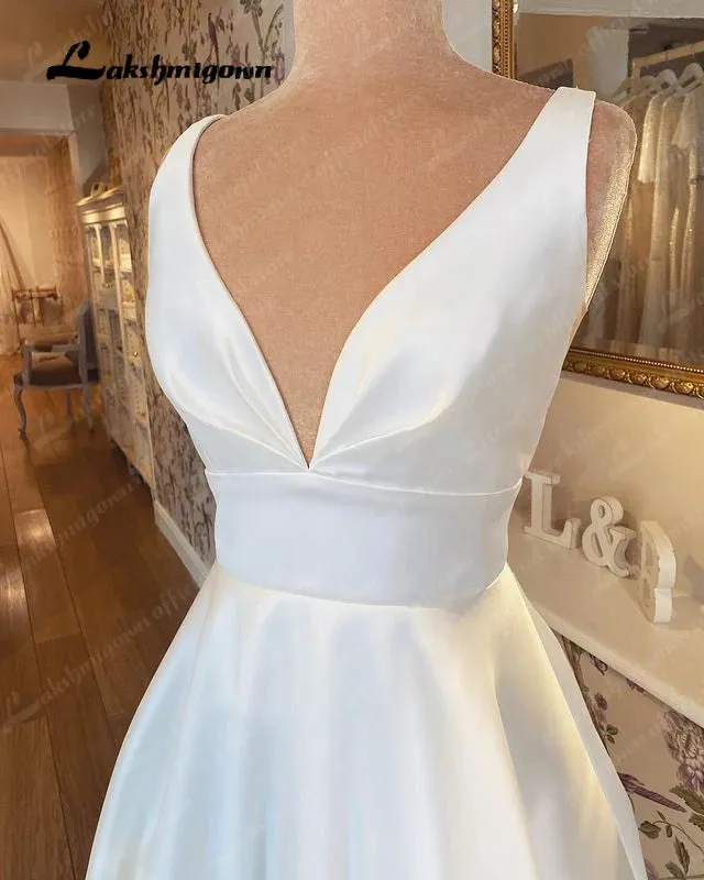 Lakshmigown Simple Satin A Line Wedding Dress 2024 Elegant V Neck Bridal Beach Gowns Vestidos Boda