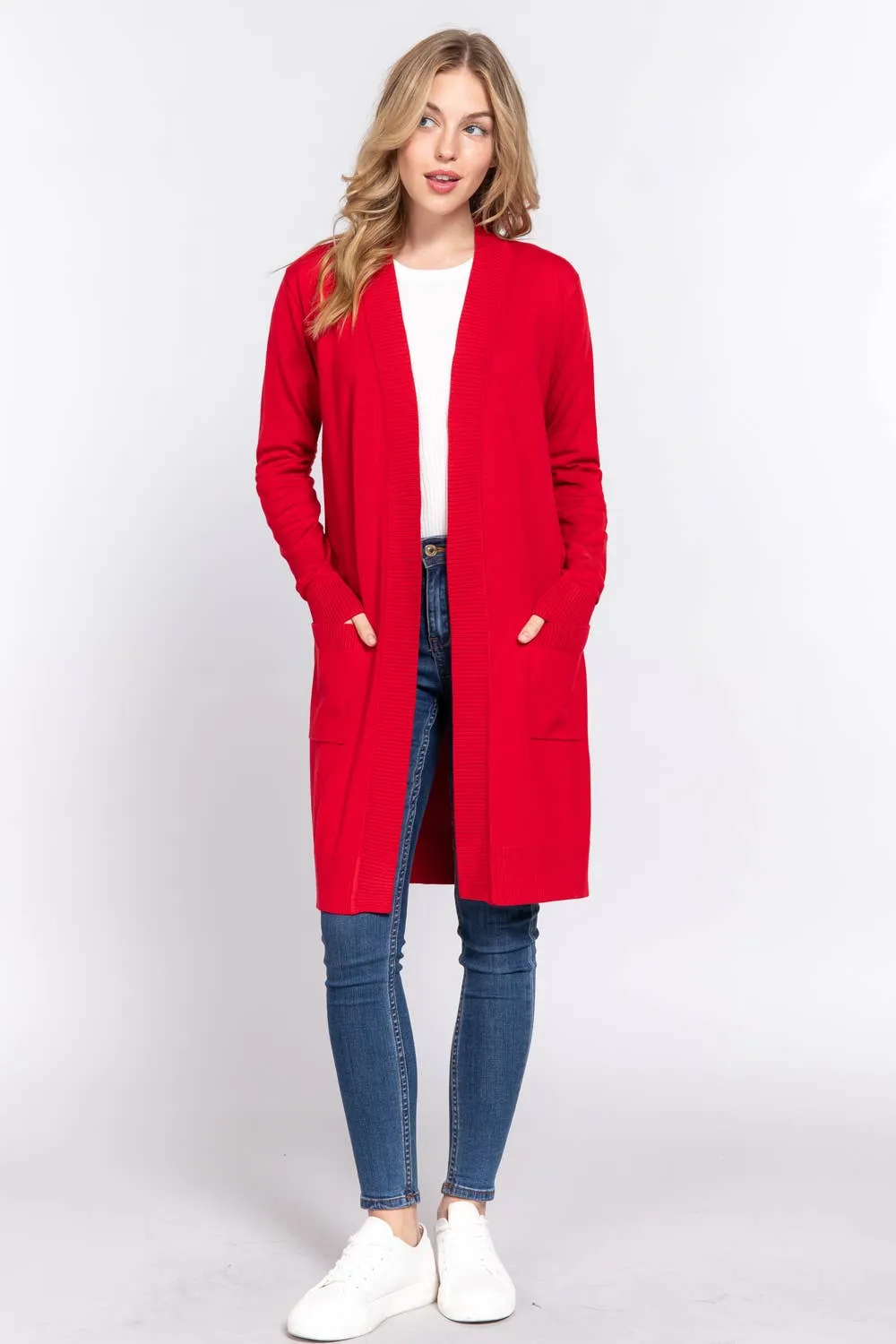 Long Sleeve Rib Banded Open Tunic Sweater Cardigan (teal blue)