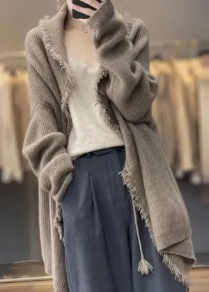 Loose Light Camel Tasseled Patchwork Knit Cardigans Fall ML0924