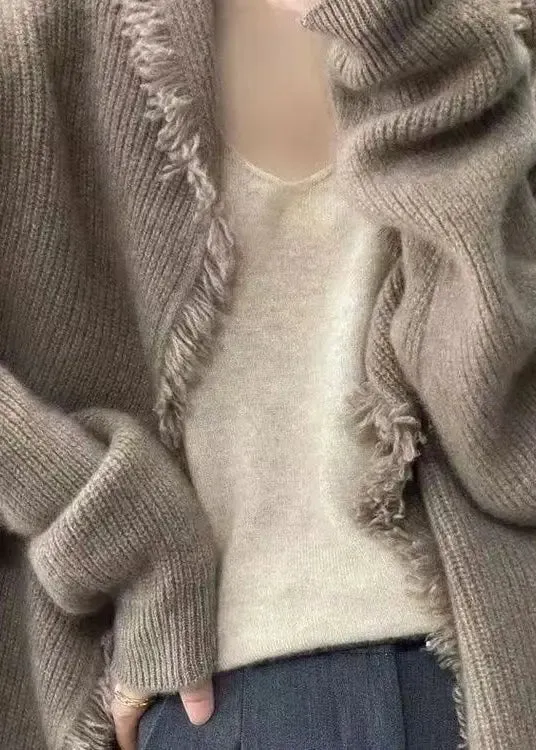 Loose Light Camel Tasseled Patchwork Knit Cardigans Fall ML0924