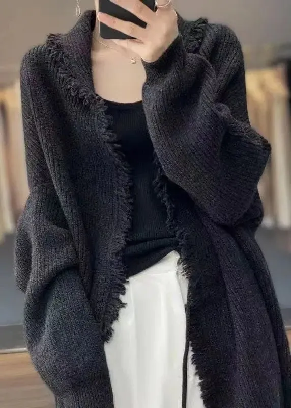 Loose Light Camel Tasseled Patchwork Knit Cardigans Fall ML0924