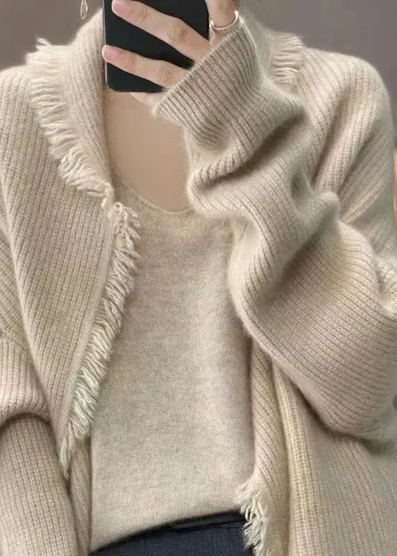 Loose Light Camel Tasseled Patchwork Knit Cardigans Fall ML0924