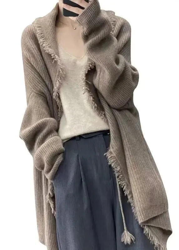 Loose Light Camel Tasseled Patchwork Knit Cardigans Fall ML0924