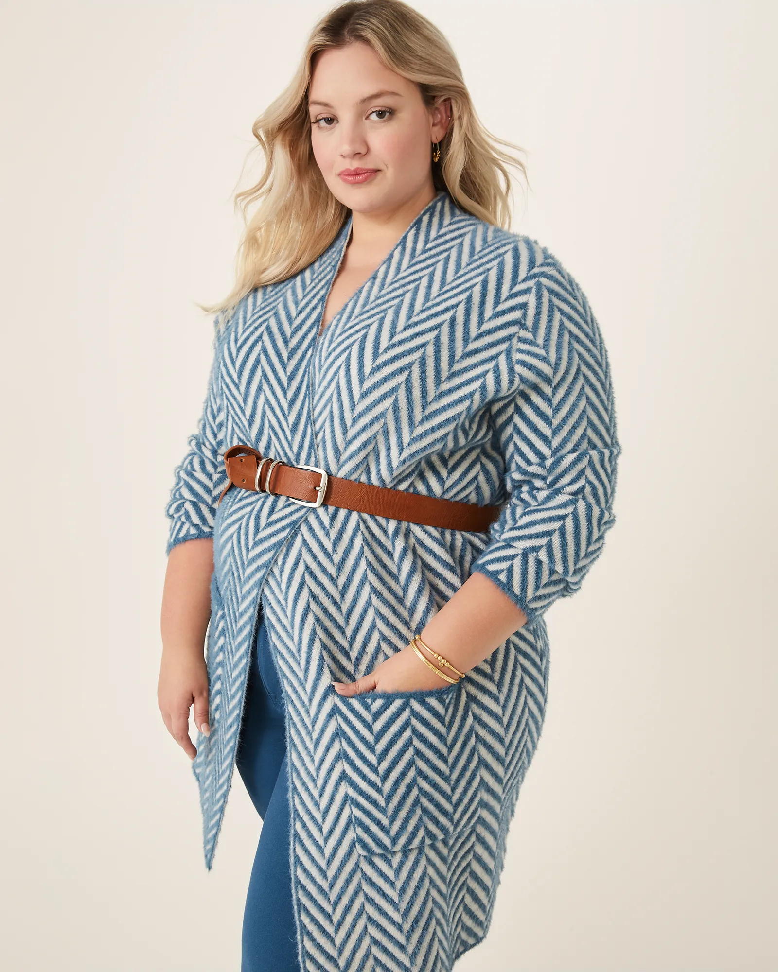 Lucy Herringbone Knit Cardigan | Blue/Ivory