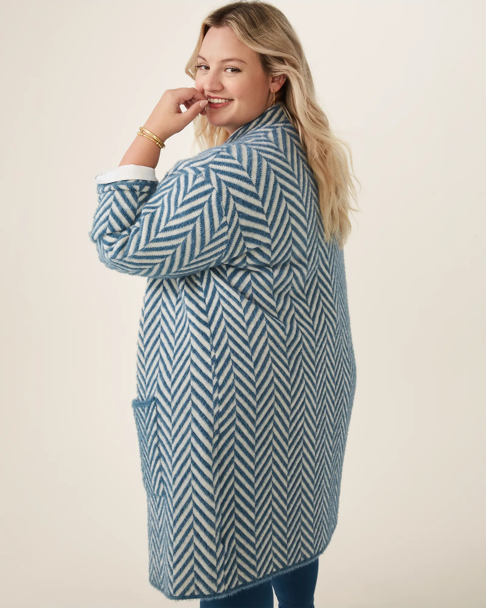 Lucy Herringbone Knit Cardigan | Blue/Ivory