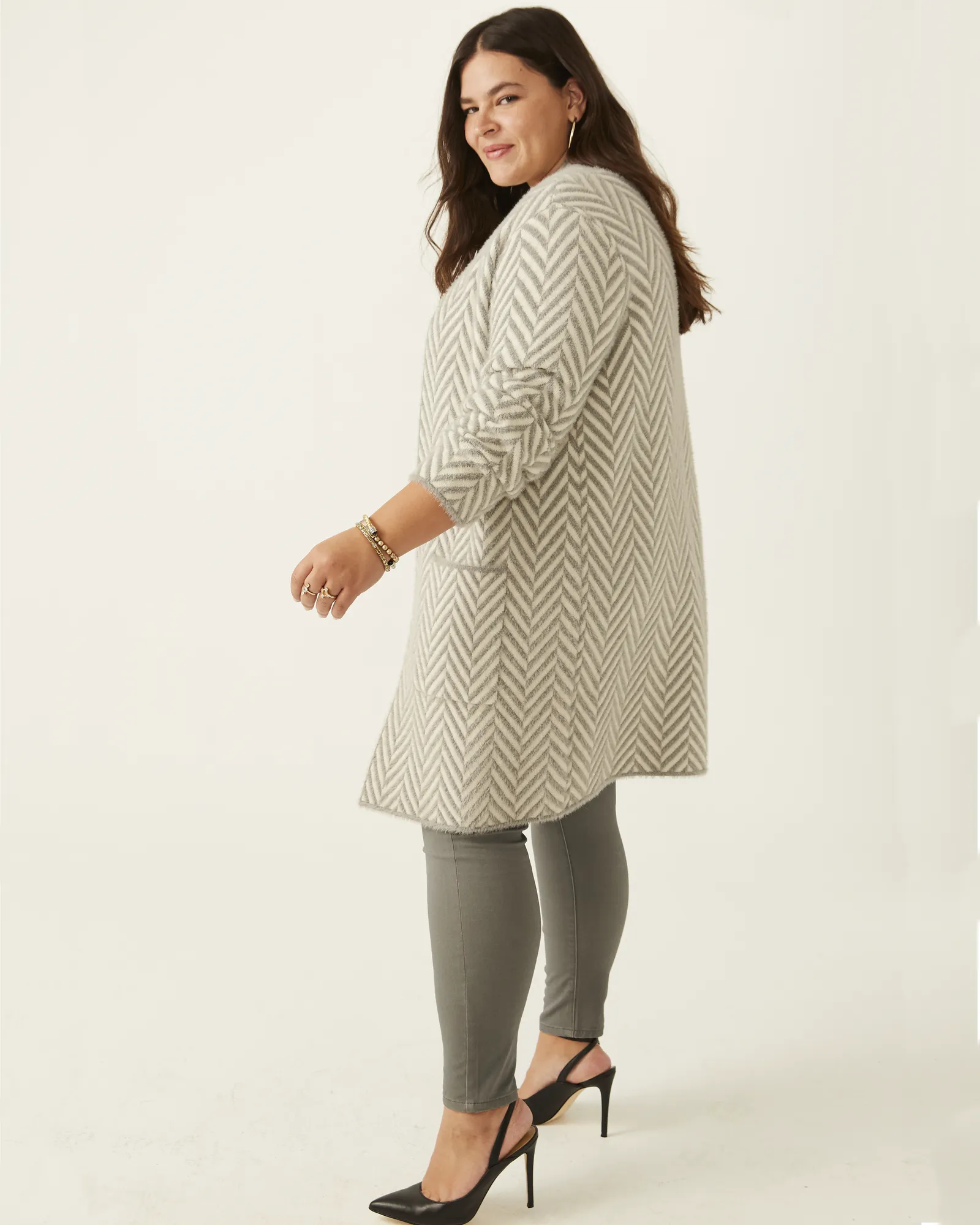 Lucy Herringbone Knit Cardigan | Grey/Ivory