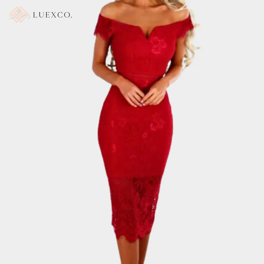 Luexco Exquisite Off-shoulder Short Sleeve Lace Hip Dress