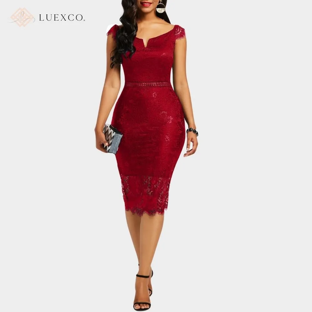 Luexco Exquisite Off-shoulder Short Sleeve Lace Hip Dress