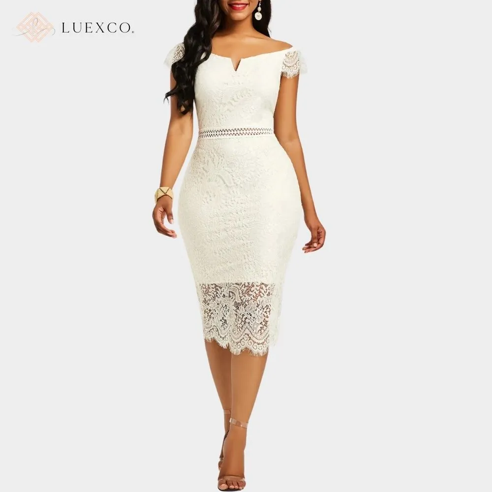 Luexco Exquisite Off-shoulder Short Sleeve Lace Hip Dress