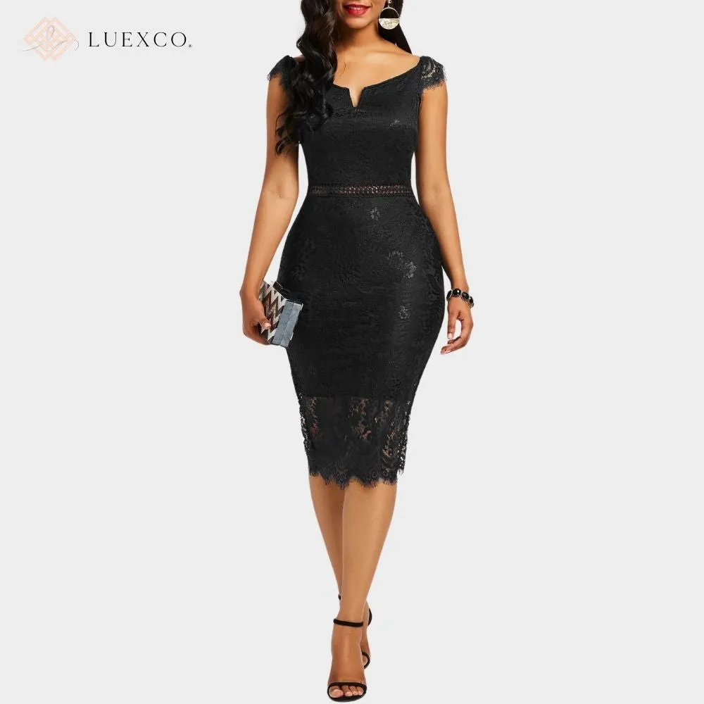 Luexco Exquisite Off-shoulder Short Sleeve Lace Hip Dress