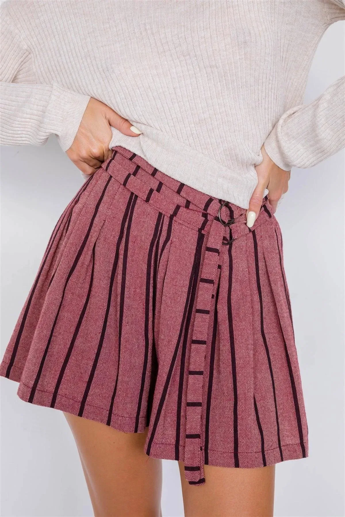 Mauve Plum Purple Stripes Vintage High-Waist Adjustable Waist Tie Shorts /3-1