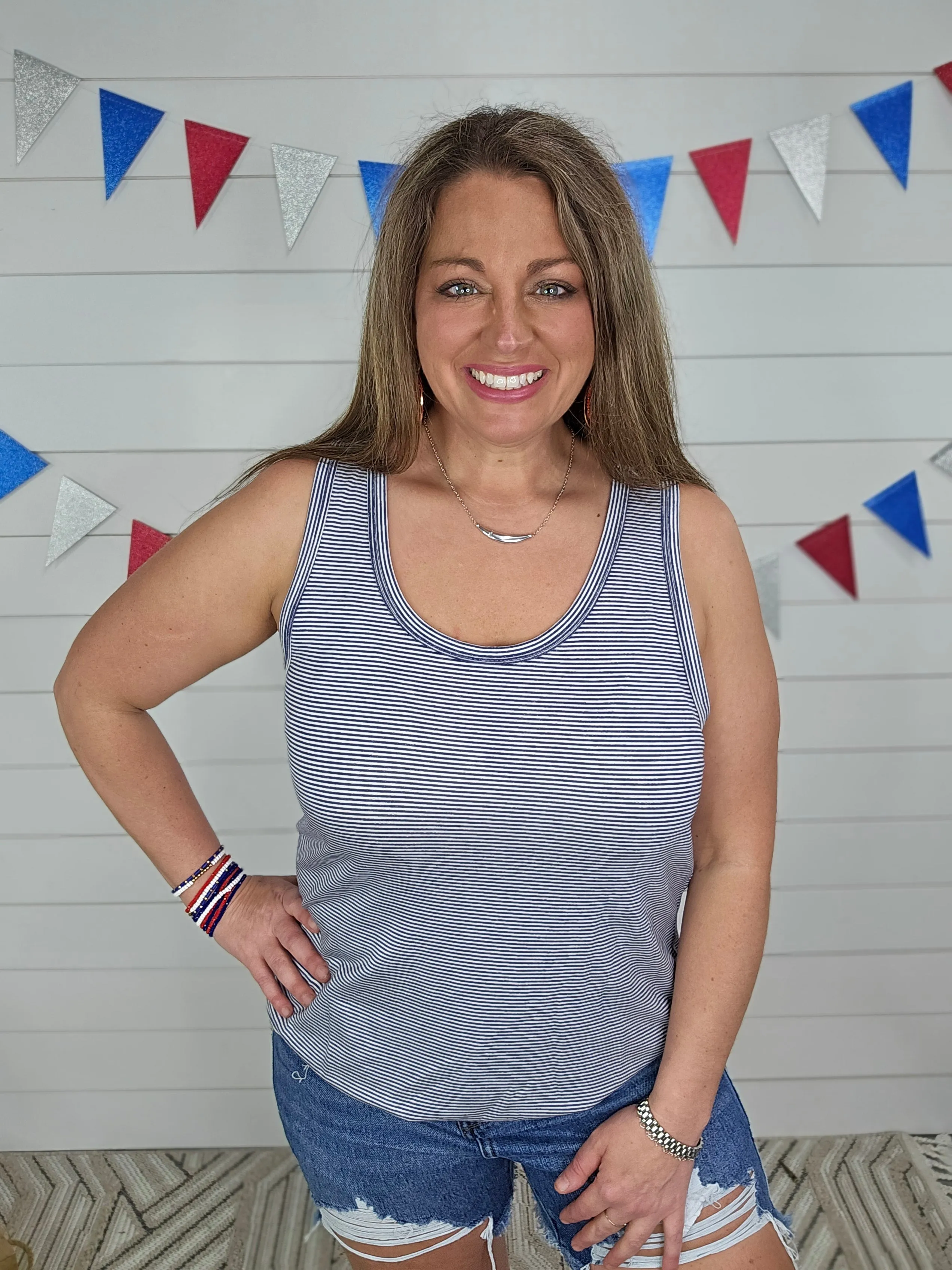 NAVY/WHITE PINSTRIPE RACERBACK TANK