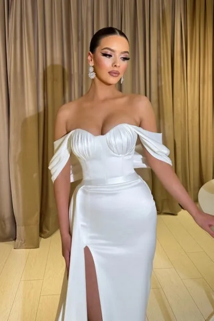 Noble sweetheart cap sleeves column satin prom dresses split front