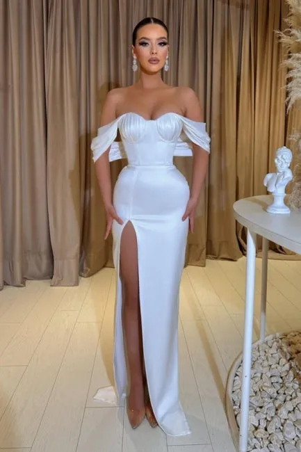 Noble sweetheart cap sleeves column satin prom dresses split front
