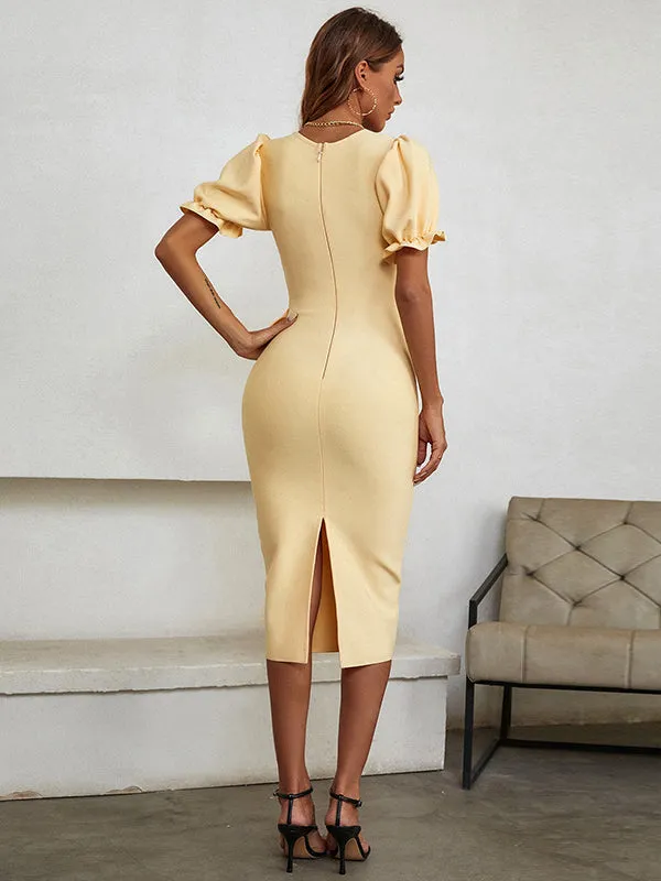 Nvuvu All Elegance Khaki Ruffles Puff Sleeve Dress