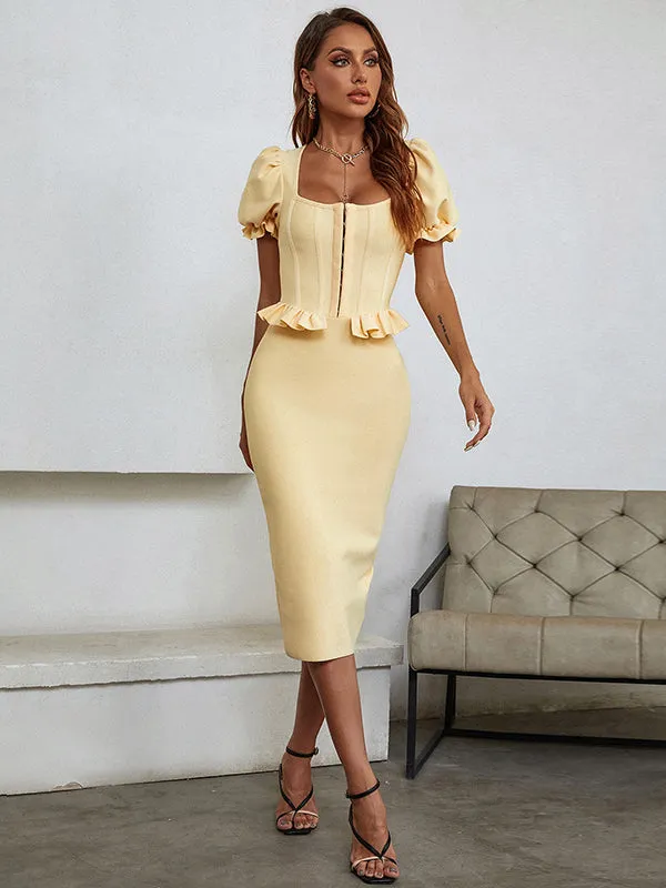 Nvuvu All Elegance Khaki Ruffles Puff Sleeve Dress