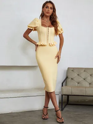 Nvuvu All Elegance Khaki Ruffles Puff Sleeve Dress