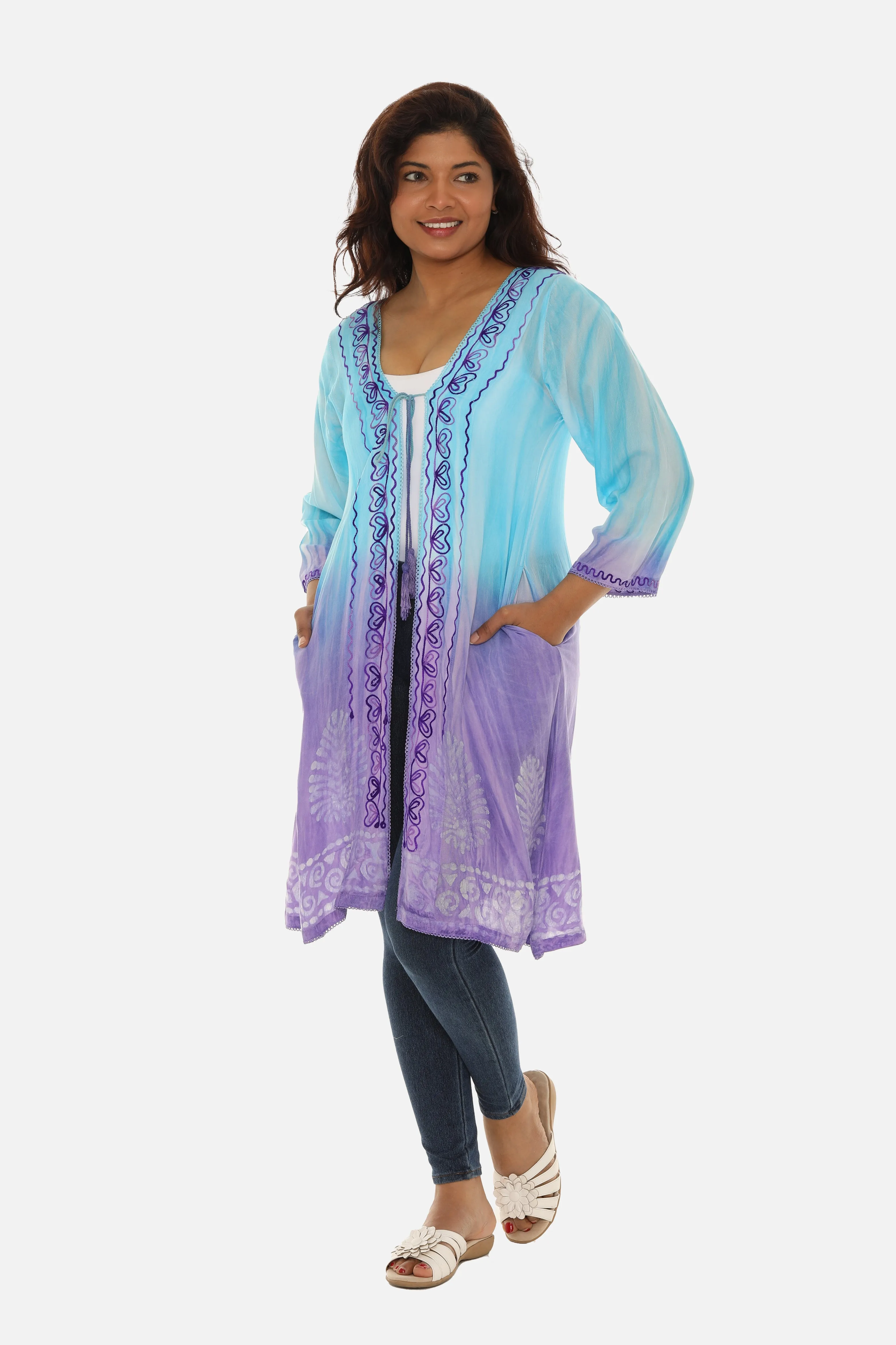 Open Cardigan Block Printed with Tie Threads for Women