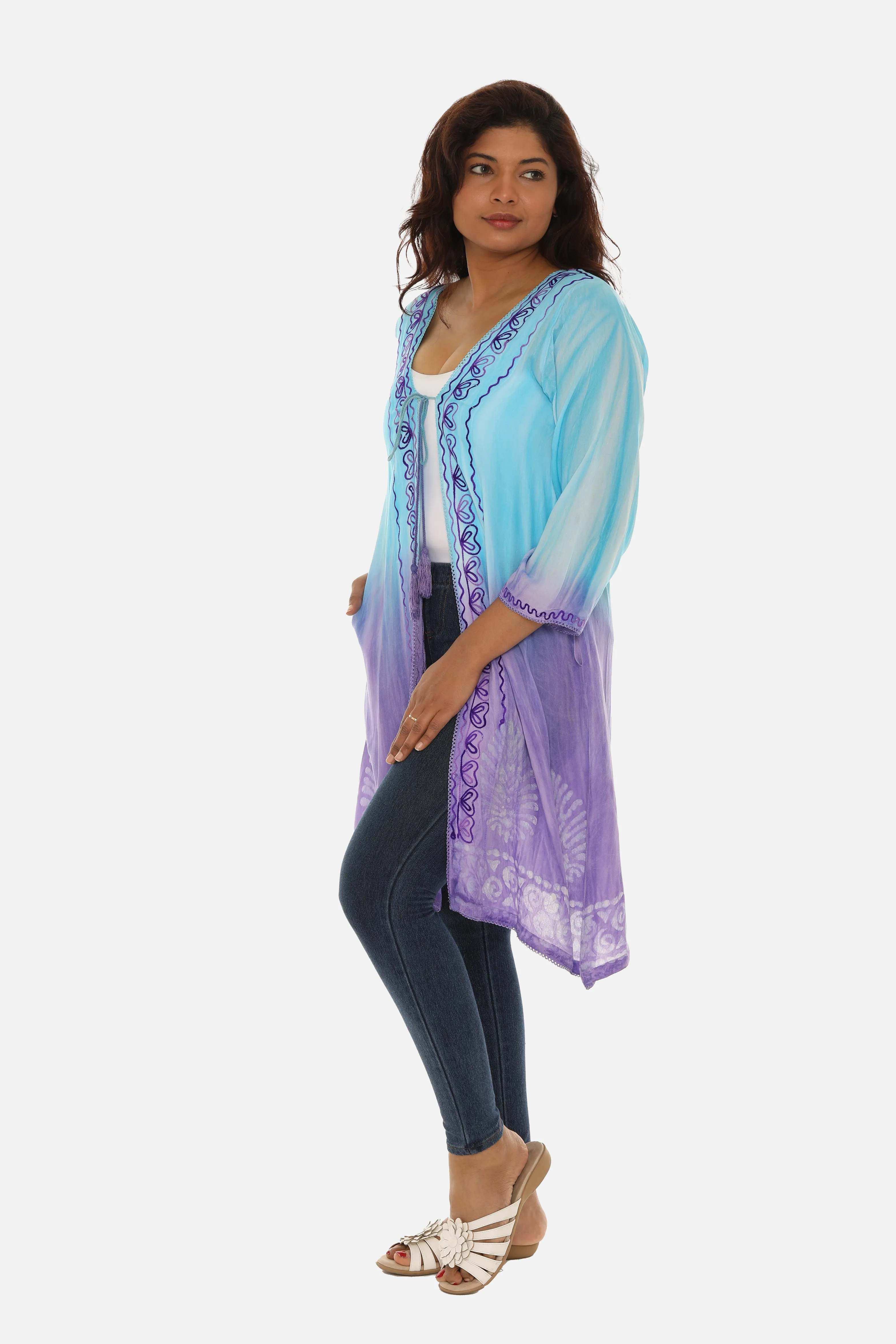 Open Cardigan Block Printed with Tie Threads for Women