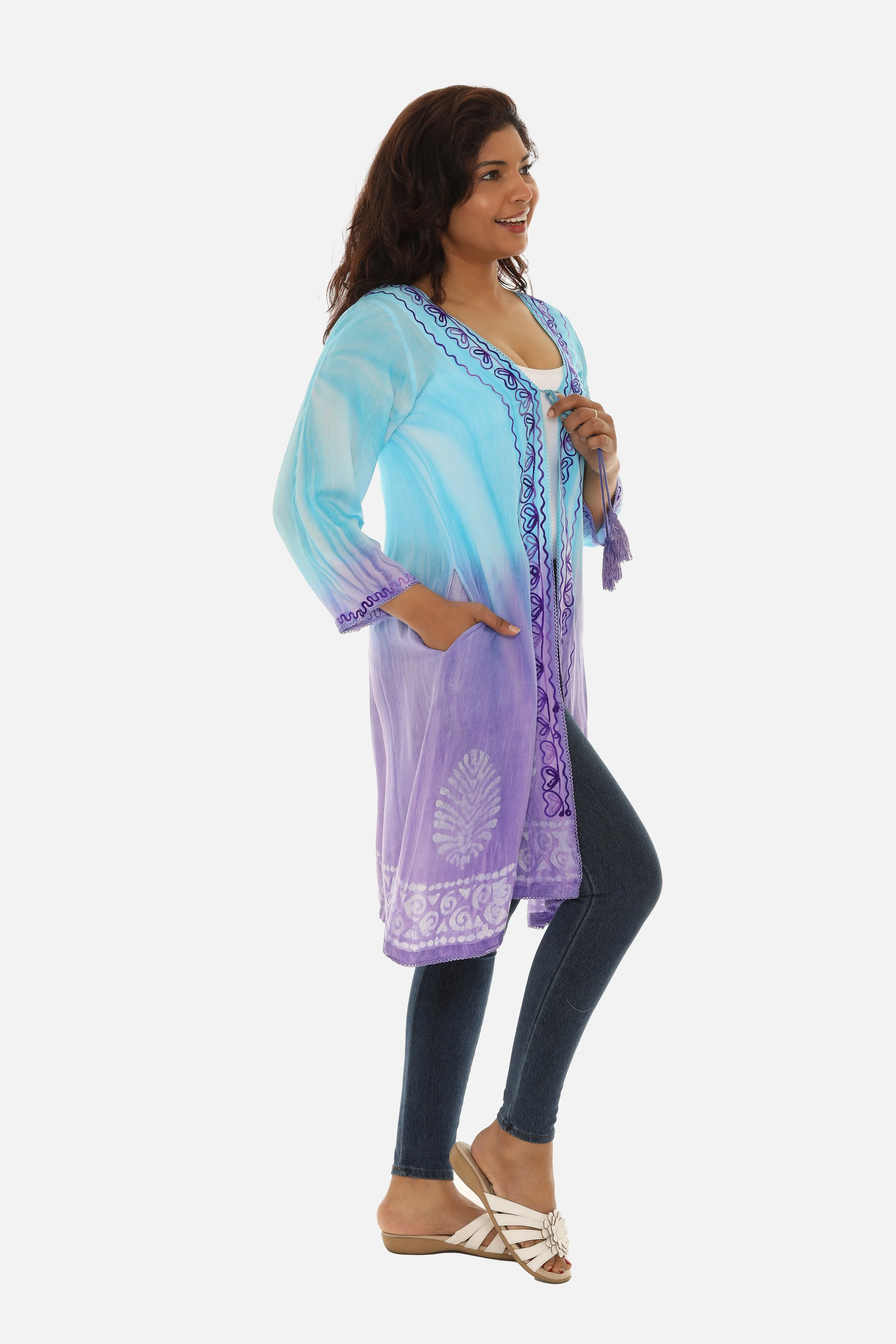 Open Cardigan Block Printed with Tie Threads for Women