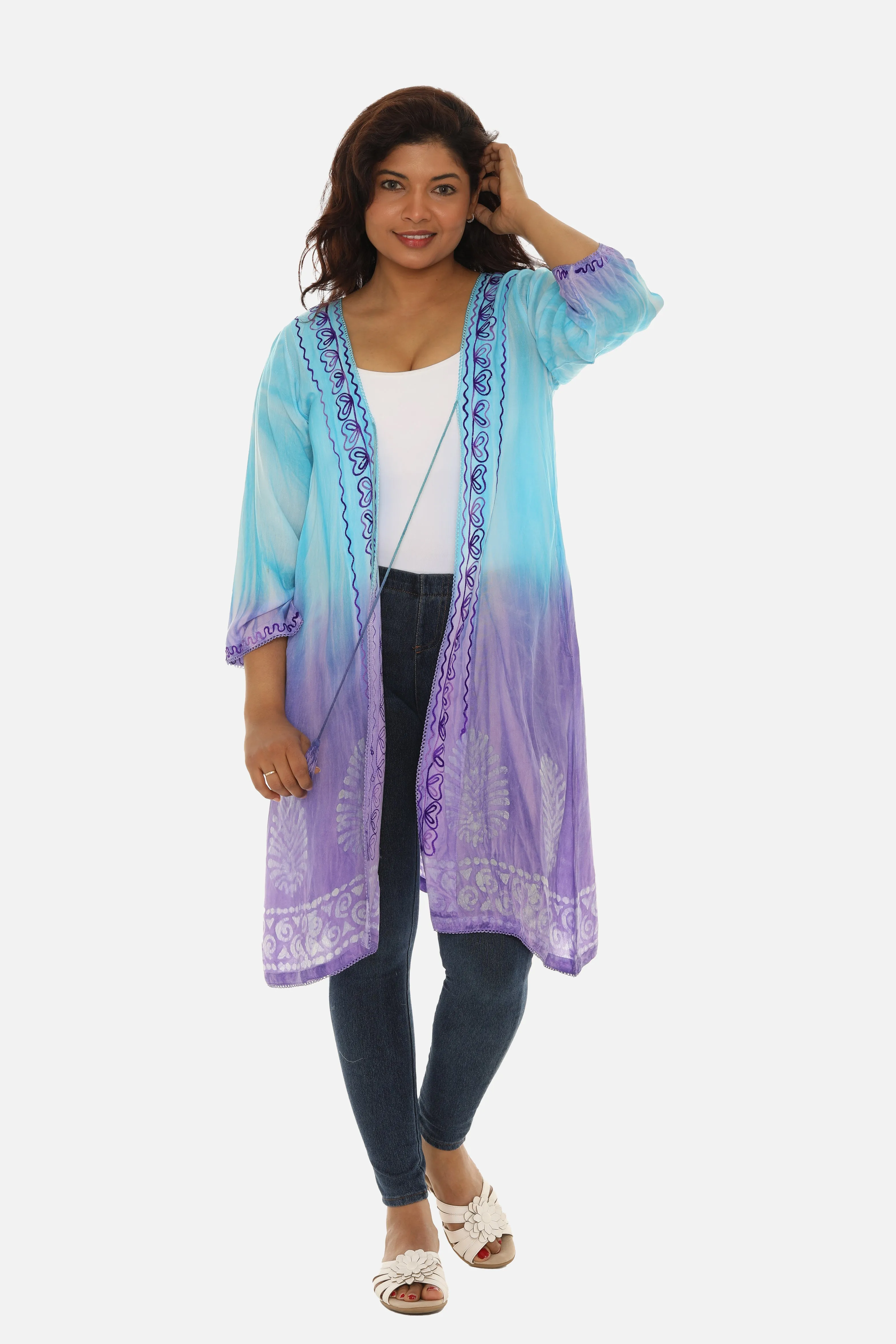 Open Cardigan Block Printed with Tie Threads for Women