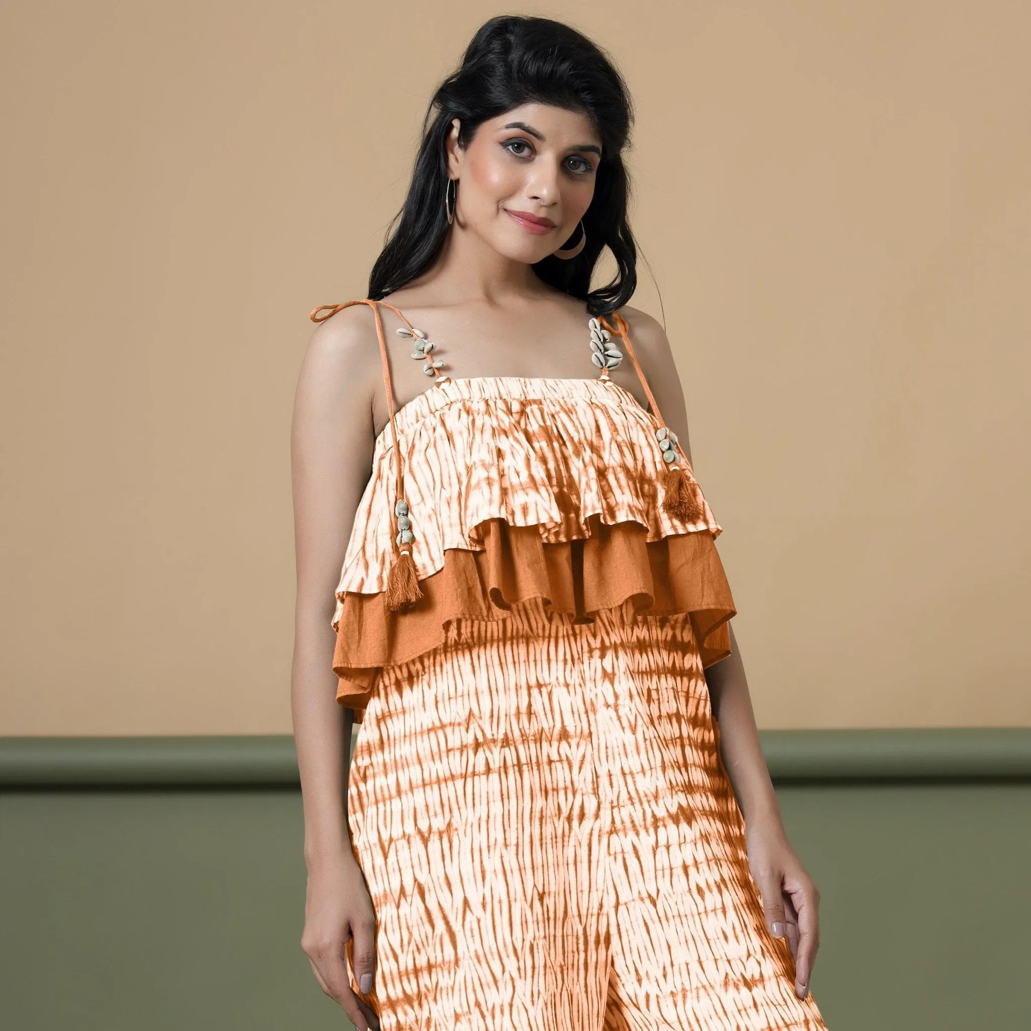 Orange Tie-Dye Cotton Strap Sleeve Frilled Camisole Jumpsuit
