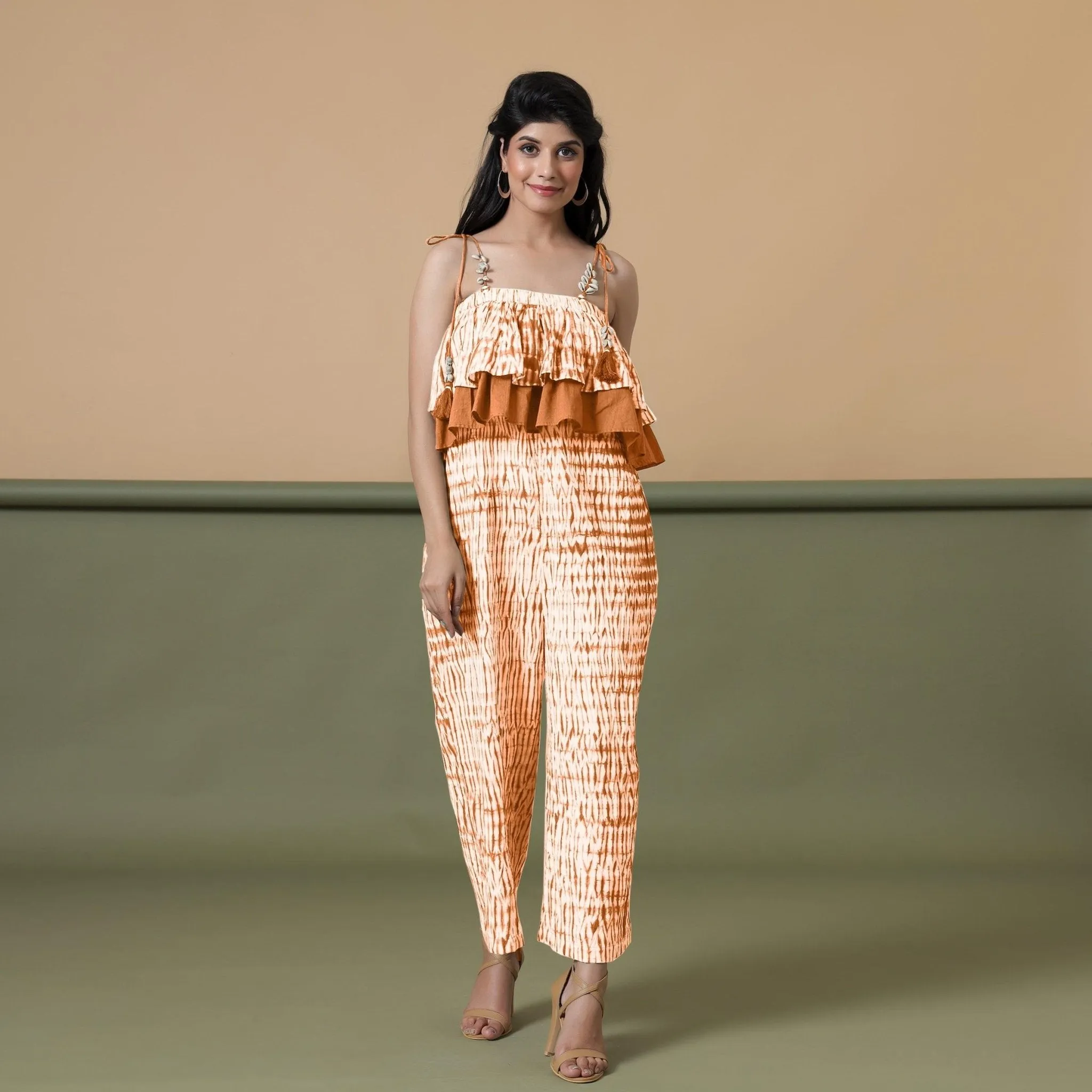 Orange Tie-Dye Cotton Strap Sleeve Frilled Camisole Jumpsuit