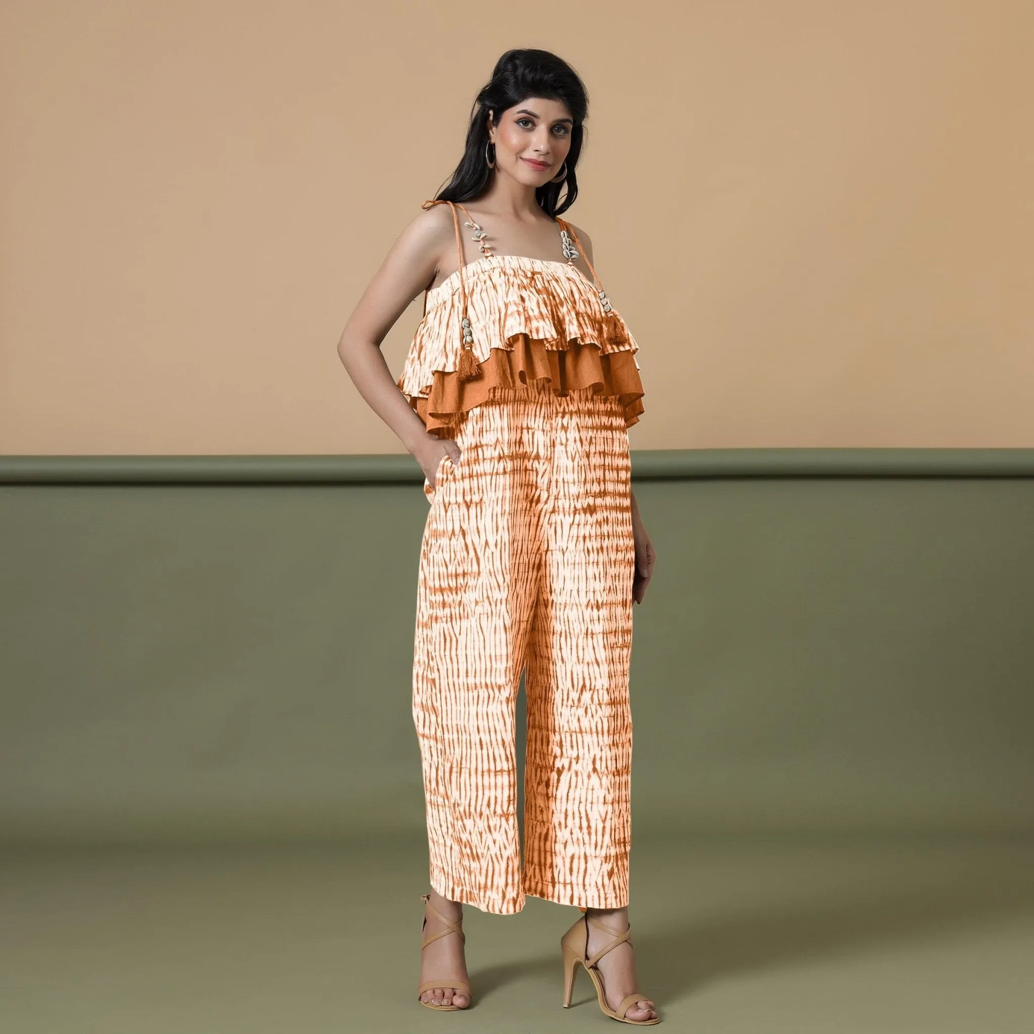 Orange Tie-Dye Cotton Strap Sleeve Frilled Camisole Jumpsuit