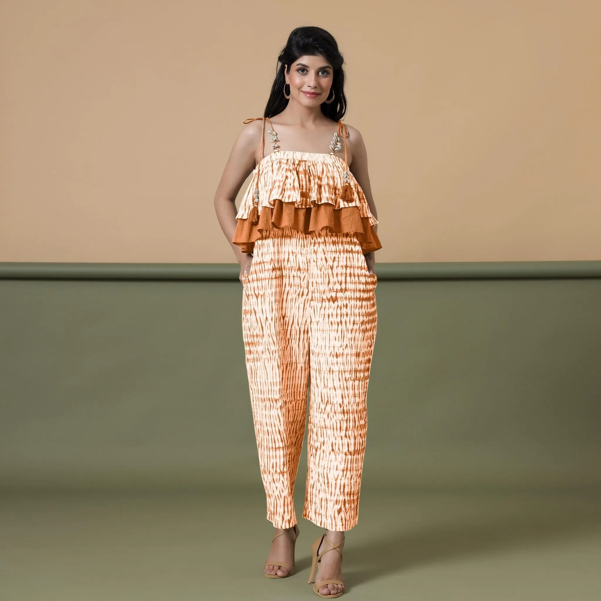 Orange Tie-Dye Cotton Strap Sleeve Frilled Camisole Jumpsuit