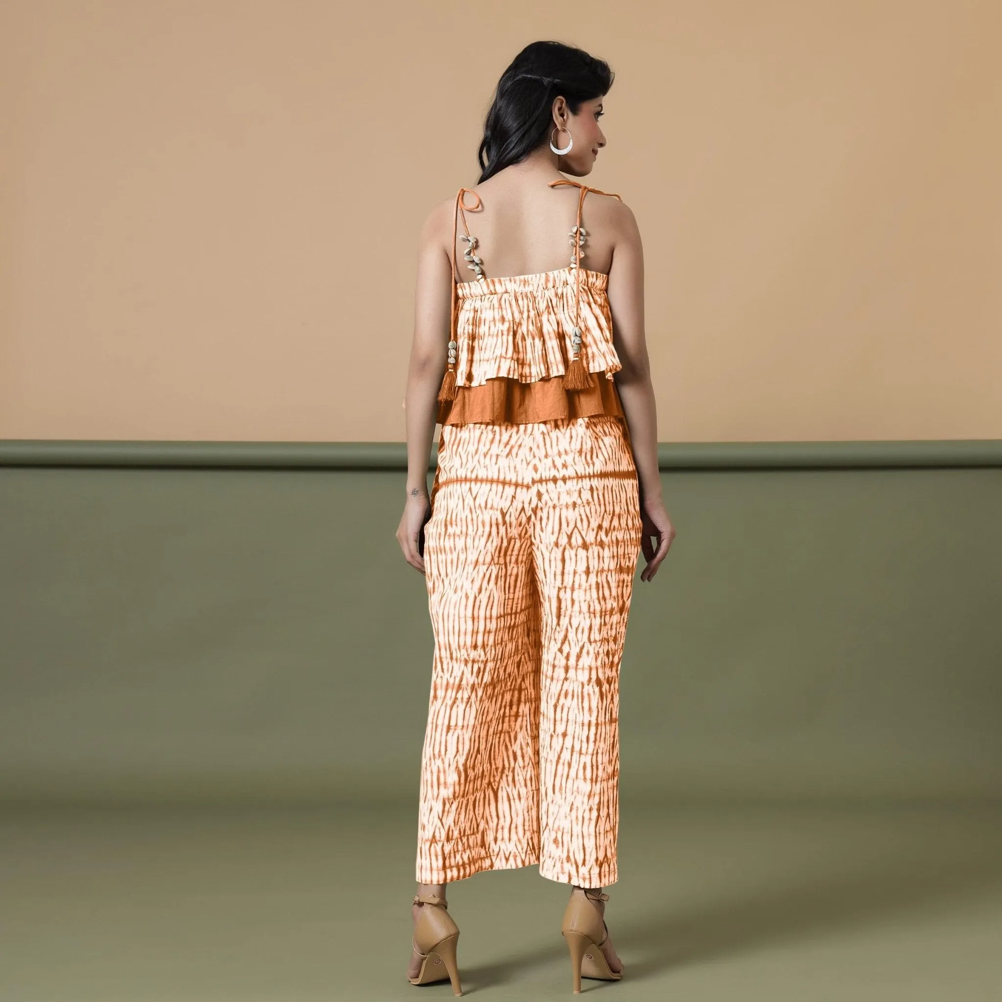 Orange Tie-Dye Cotton Strap Sleeve Frilled Camisole Jumpsuit
